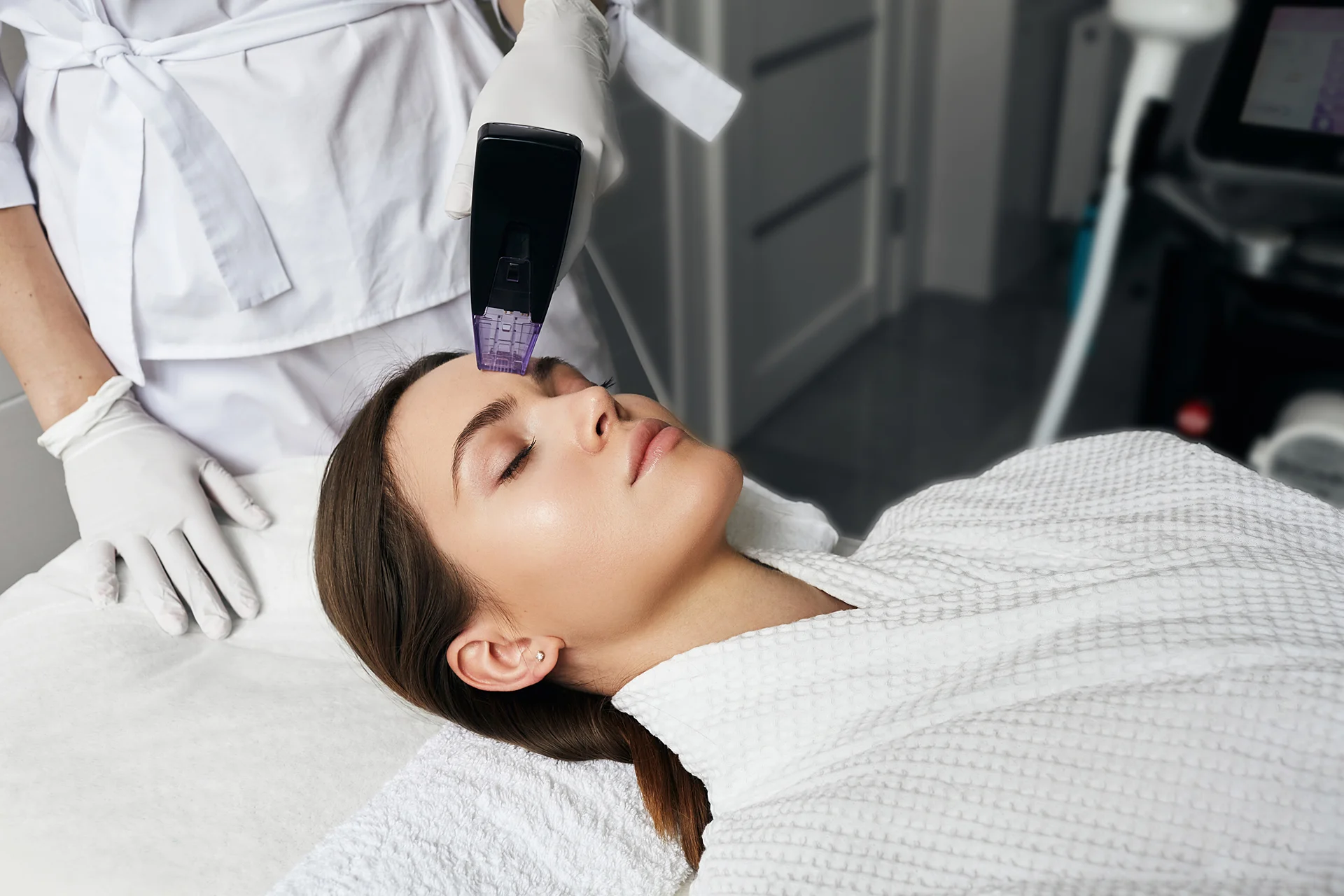 a woman gets morpheus8 treatment in a beauty clinic
